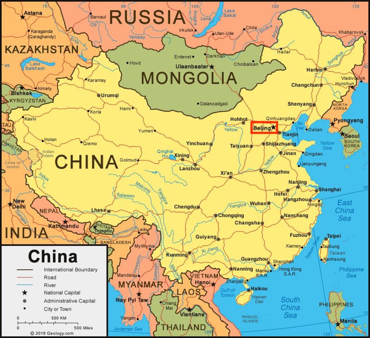Beijing (Peking) on China map